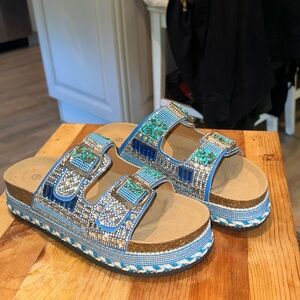 Beaded with Rhinestones Blue and Tan Sandals